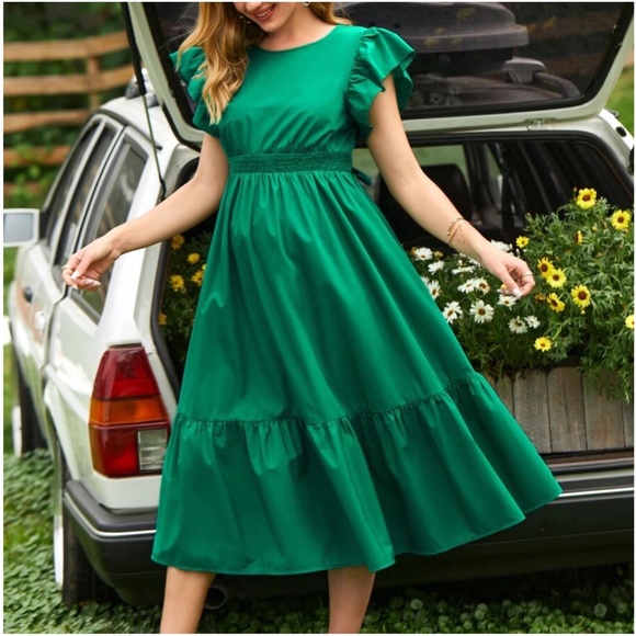 Maternity Green Ruffle Sleeve Ruffle Dress - Picture 2 of 4